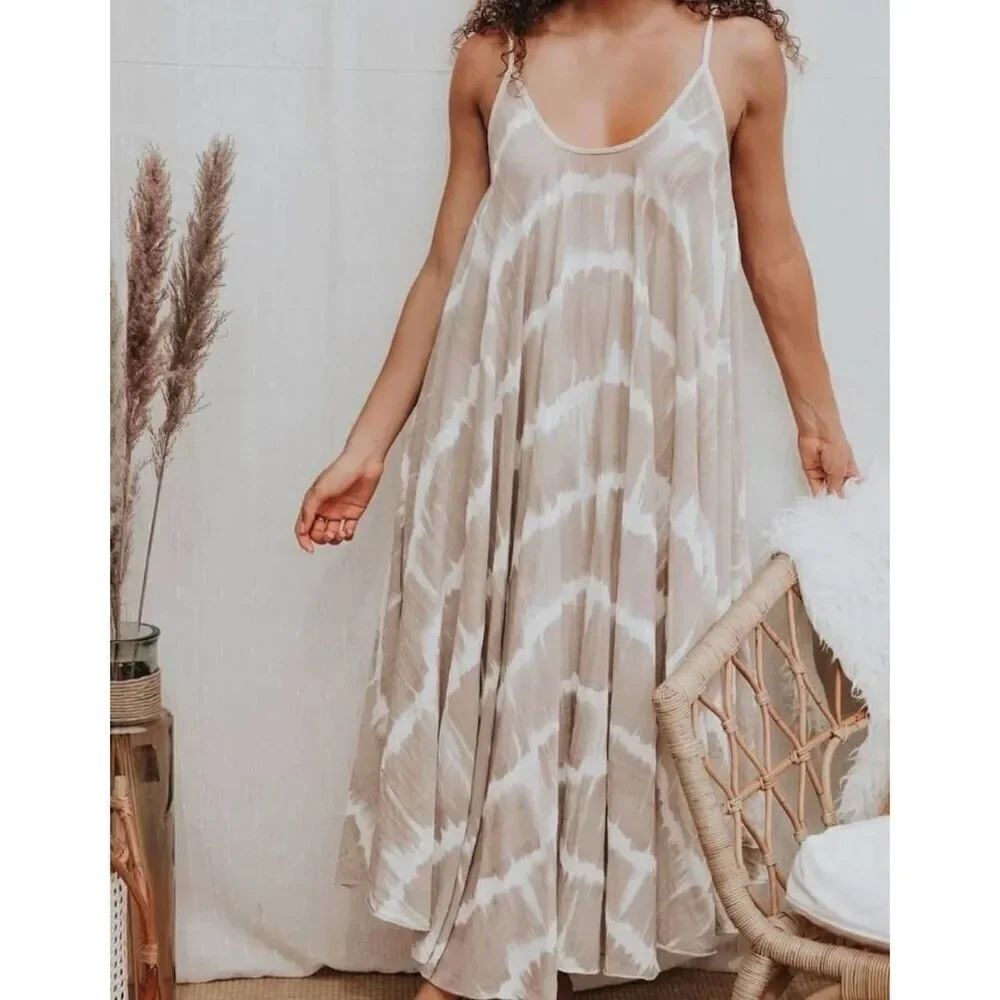 Tempo Paris Dress Women's Medium Neutral Tie Dye Swing Sleeveless Midi